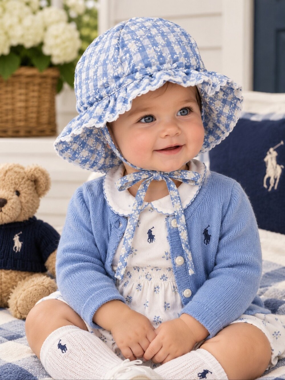 Ralph Lauren Layette Blue & White Cotton Floral Gingham Check Baby Bonnet Hat